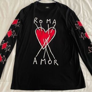 Fendi Graffiti Heart Amor Fiend Long Sleeve Mens Black T-shirt Size Small
